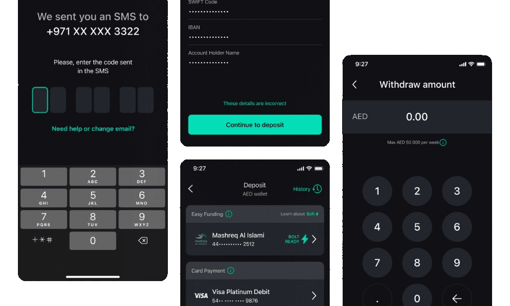 BitOasis payment flows across mobile screens for verification, deposit, and withdraw.