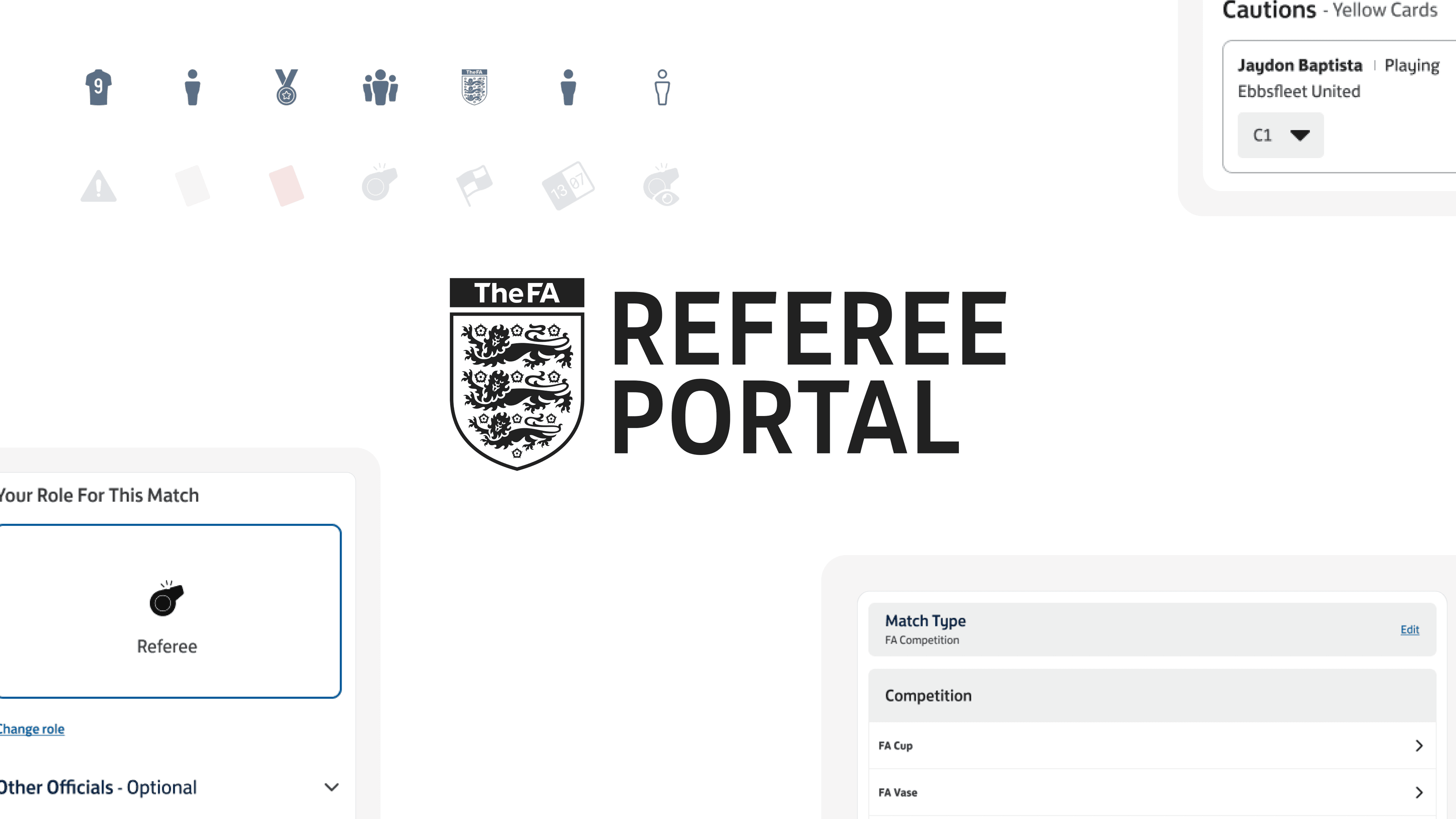 The FA Referee Portal: brand mark and core reporting screens.