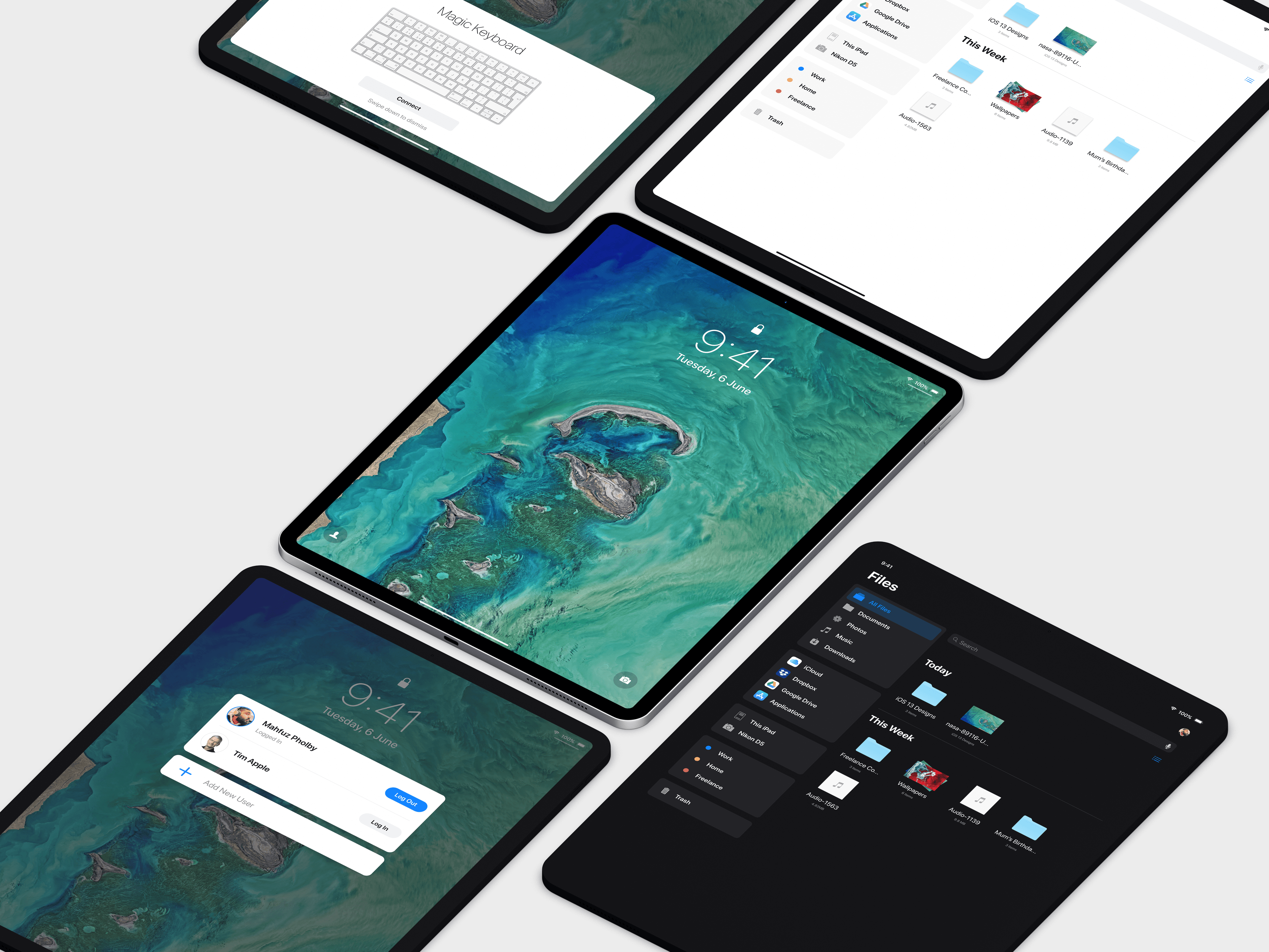 Tablet UI mockups for visual design work.